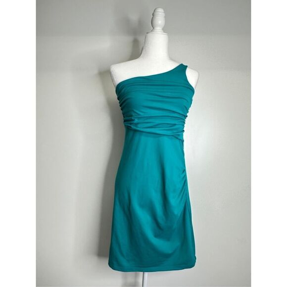 Susana Monaco Dress Womens Size Large Mini Teal One Shoulder Ruched Style - Picture 3 of 9